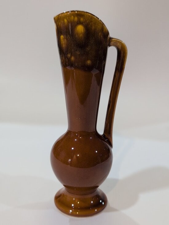 Vintage MCM Carmel Brown Glaze Drip Ceramic Pottery Pitcher Vase Japan 7" Tall - Picture 1 of 7